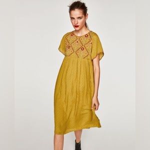 Zara Mustard Yellow Embroidered Midi Dress